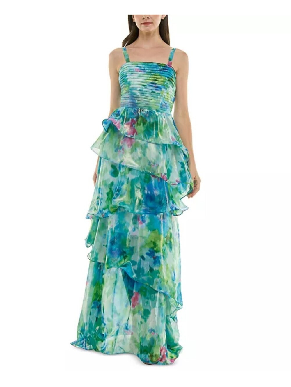 Taylor NWT $198 Floral Tiered Ruffle Maxi Dress Size 12 Iridescent Formal Gown